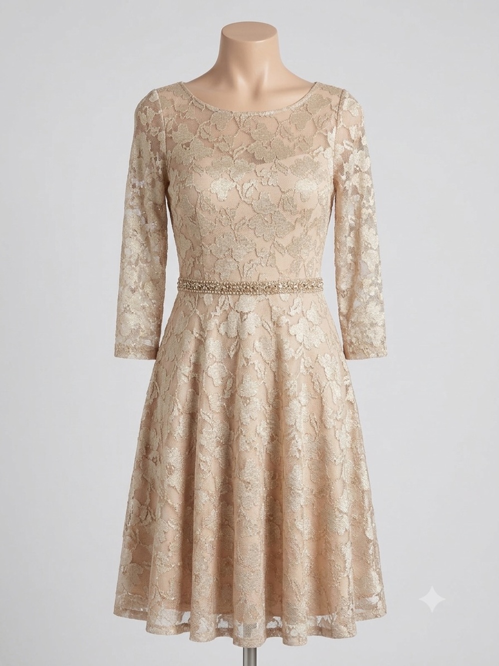 Aidan Mattox Champagne Lace Midi Dress with Beaded Waist